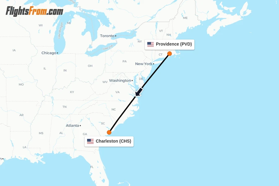 Flights from Providence to Charleston route map