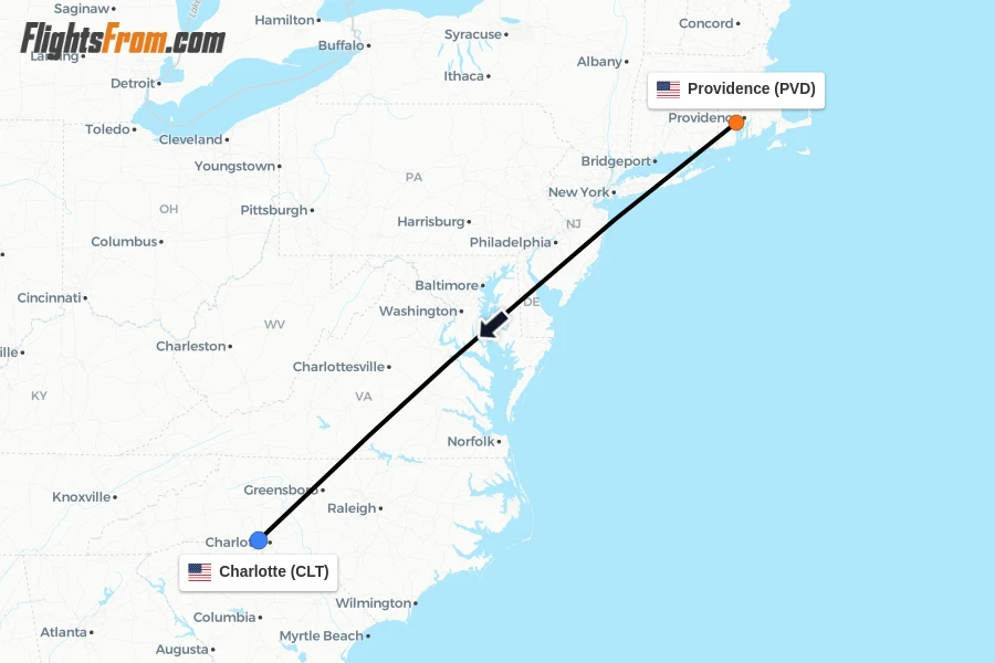 Flights from Providence to Charlotte route map
