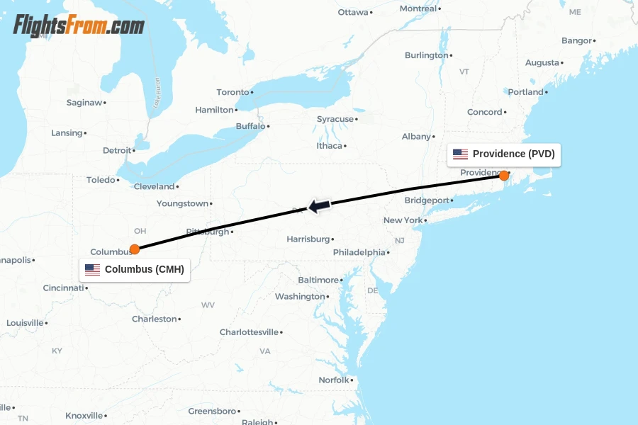 Flights from Providence to Columbus route map
