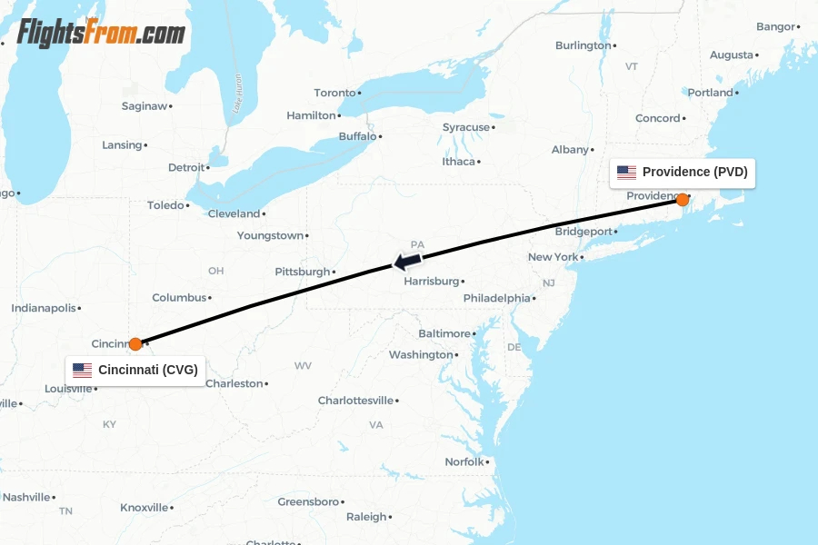 Flights from Providence to Cincinnati route map