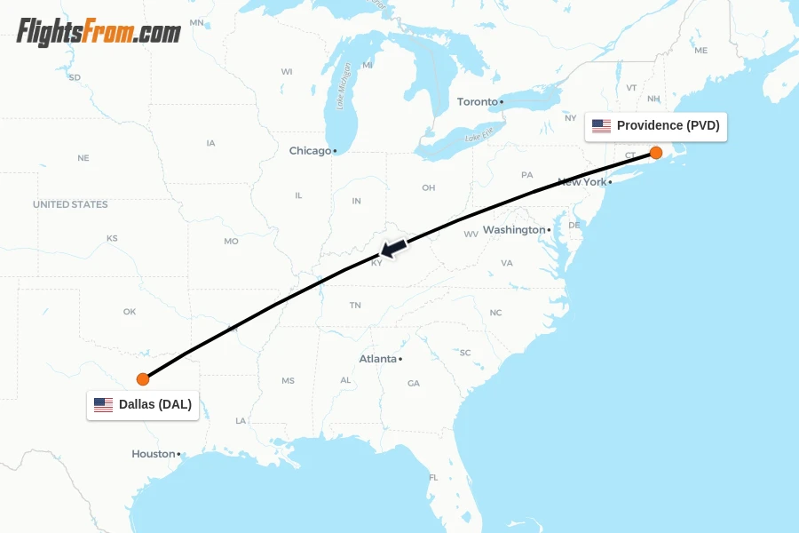 Flights from Providence to Dallas route map