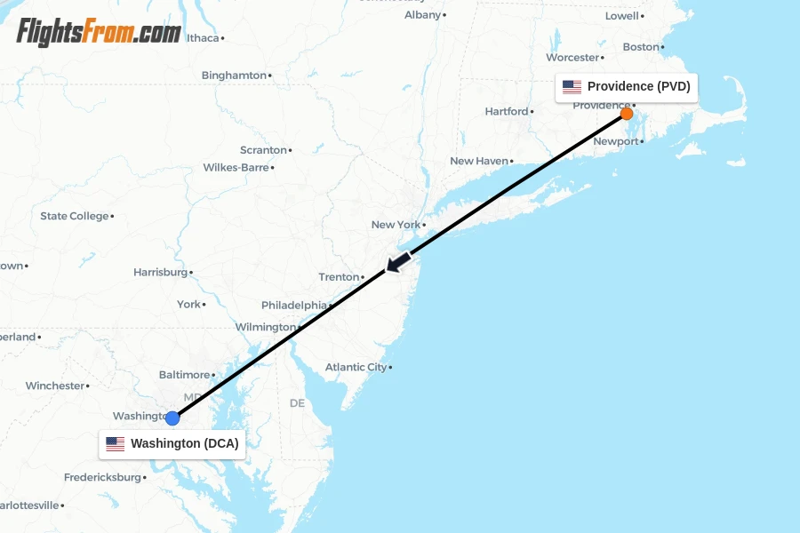Flights from Providence to Washington route map