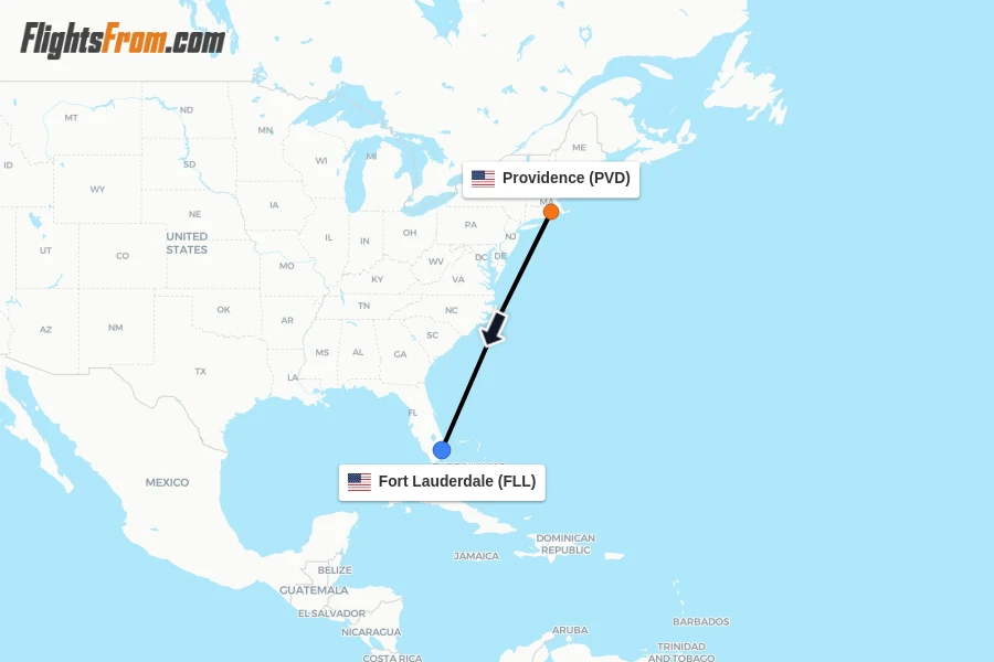 Flights from Providence to Fort Lauderdale route map