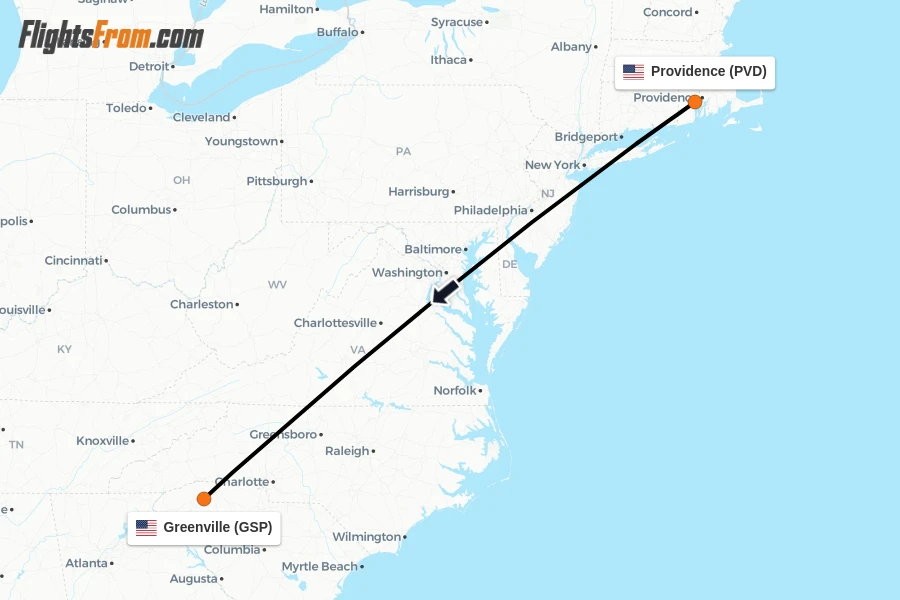 Flights from Providence to Greenville route map