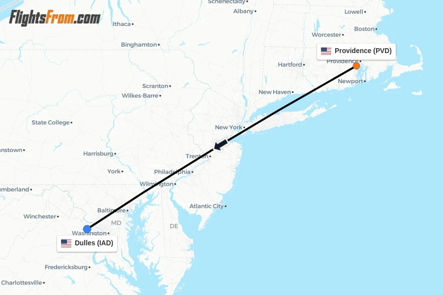 Flights from Providence to Dulles route map