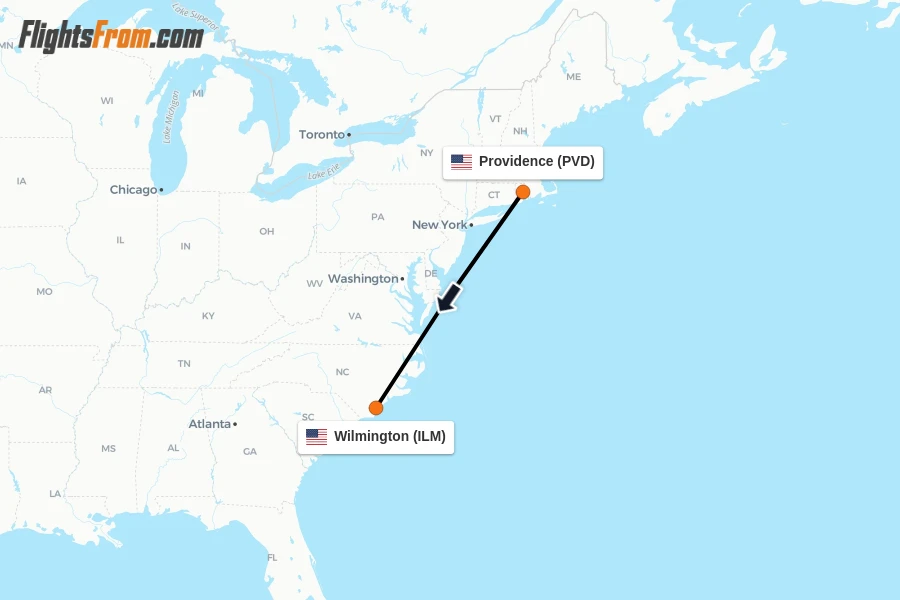 Flights from Providence to Wilmington route map