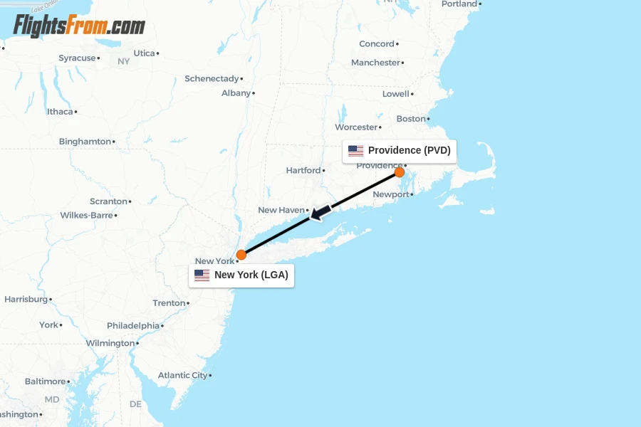 Flights from Providence to New York route map