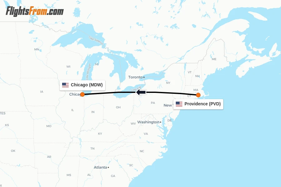 Flights from Providence to Chicago route map
