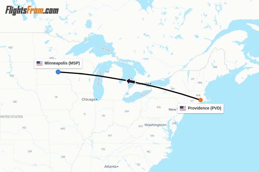Flights from Providence to Minneapolis route map