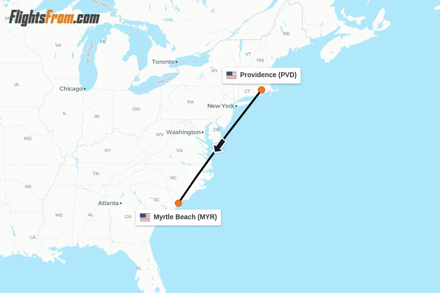 Flights from Providence to Myrtle Beach route map