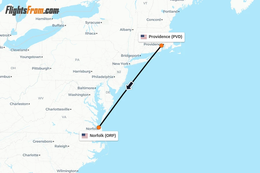 Flights from Providence to Norfolk route map