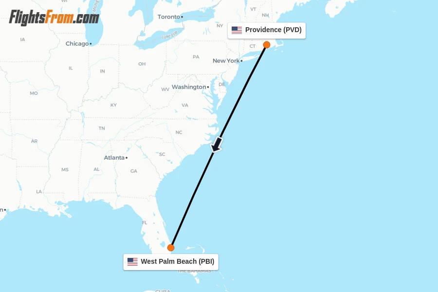 Flights from Providence to West Palm Beach route map