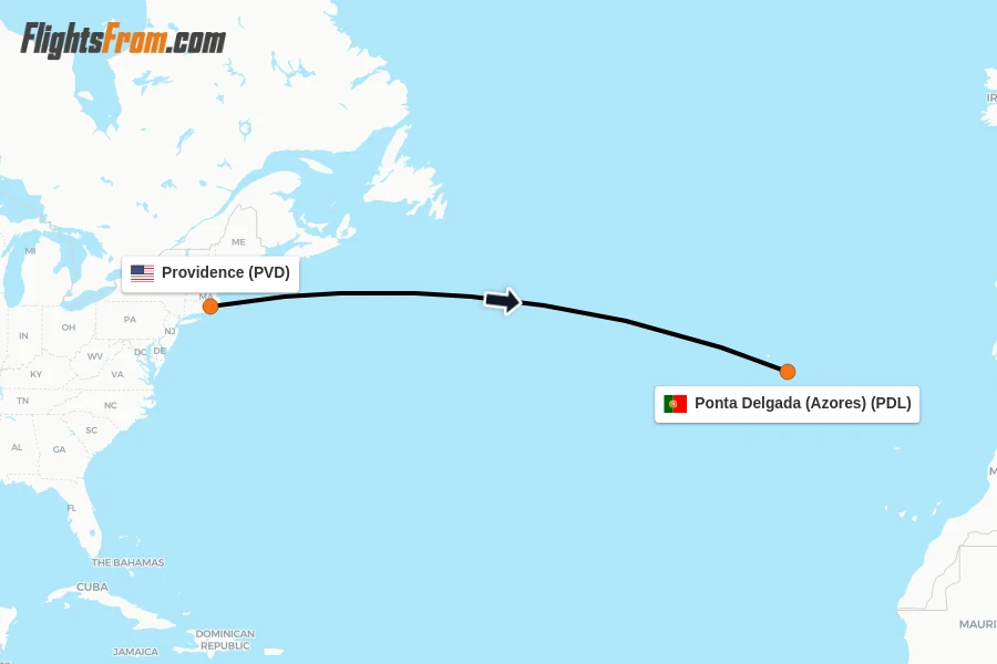 Flights from Providence to Ponta Delgada (Azores) route map