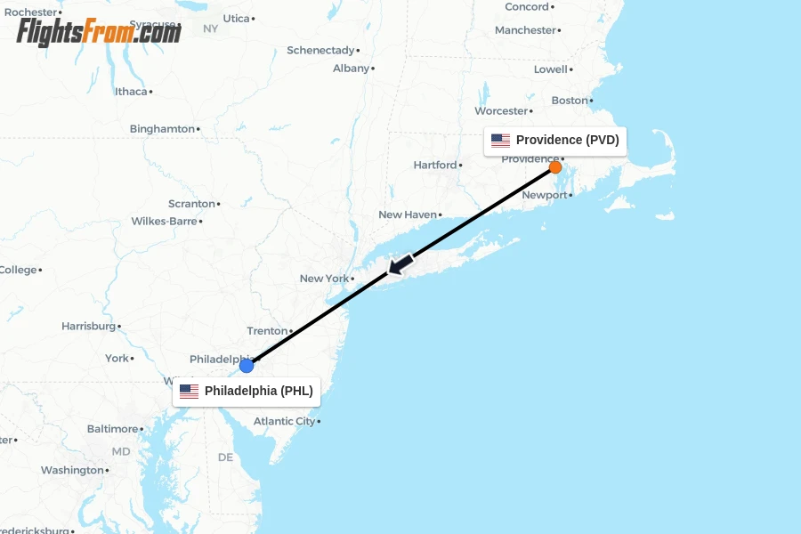 Flights from Providence to Philadelphia route map
