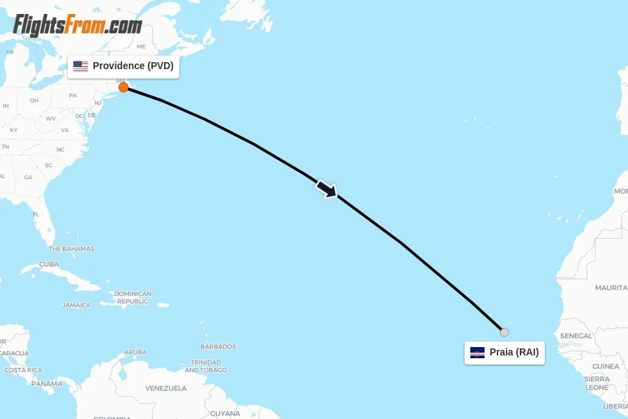 Flights from Providence to Praia route map