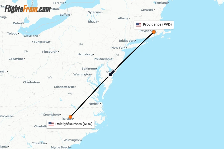 Flights from Providence to Raleigh/Durham route map