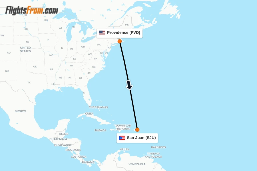 Flights from Providence to San Juan route map