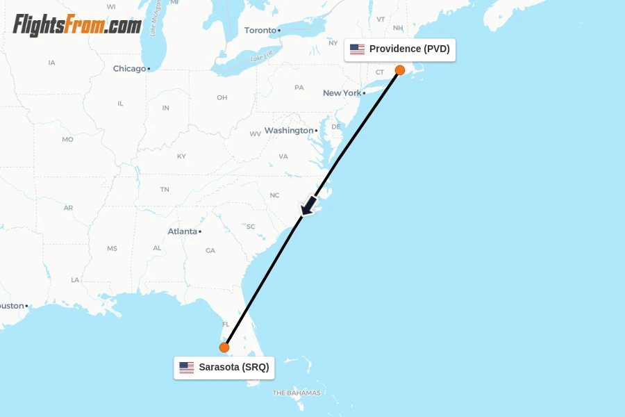 Flights from Providence to Sarasota route map