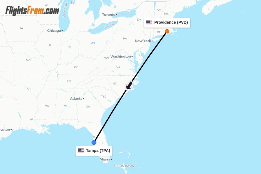 Flights from Providence to Tampa route map