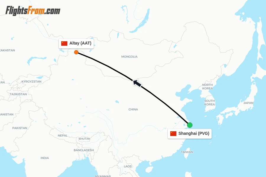 Flights from Shanghai to Altay route map