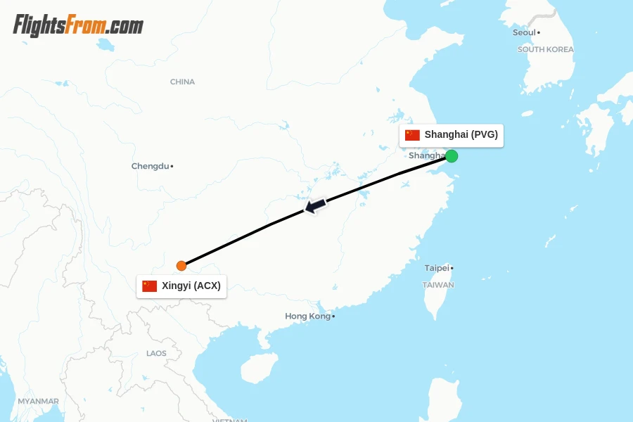 Flights from Shanghai to Xingyi route map