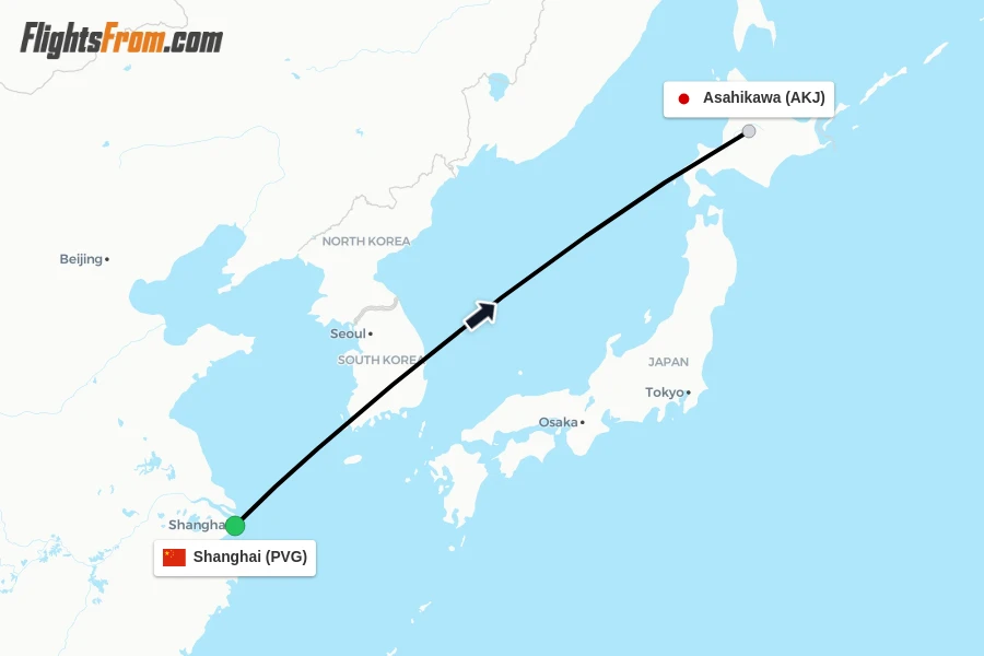 Flights from Shanghai to Asahikawa route map
