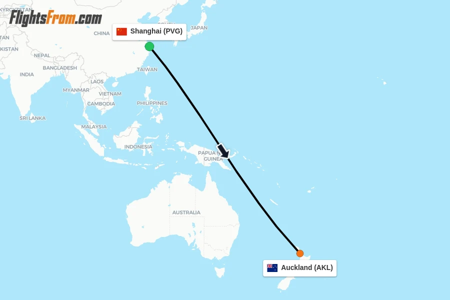 Flights from Shanghai to Auckland route map