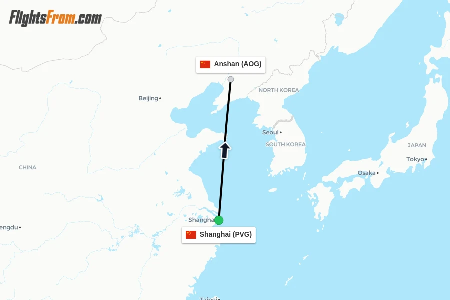 Flights from Shanghai to Anshan route map