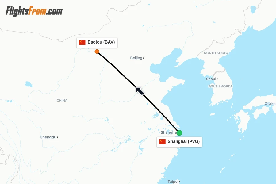 Flights from Shanghai to Baotou route map