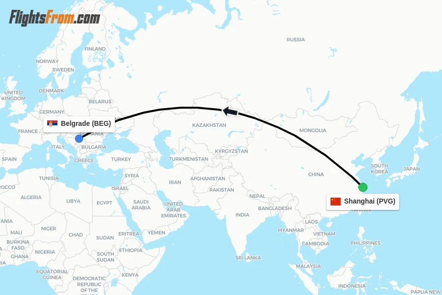 Flights from Shanghai to Belgrade route map