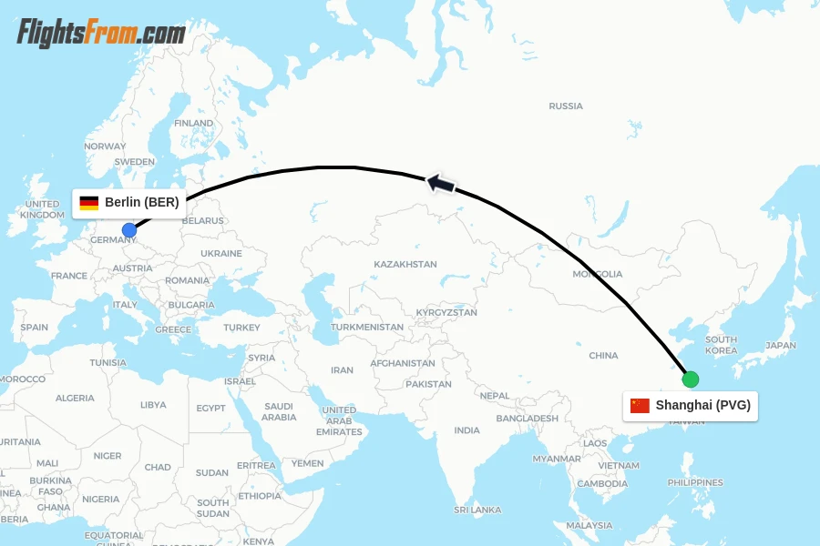 Flights from Shanghai to Berlin route map