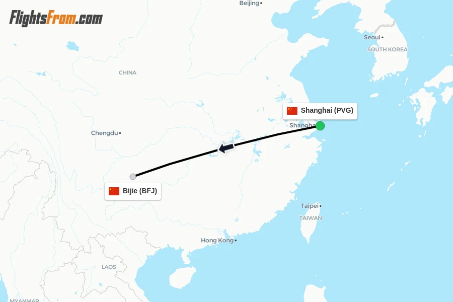 Flights from Shanghai to Bijie route map