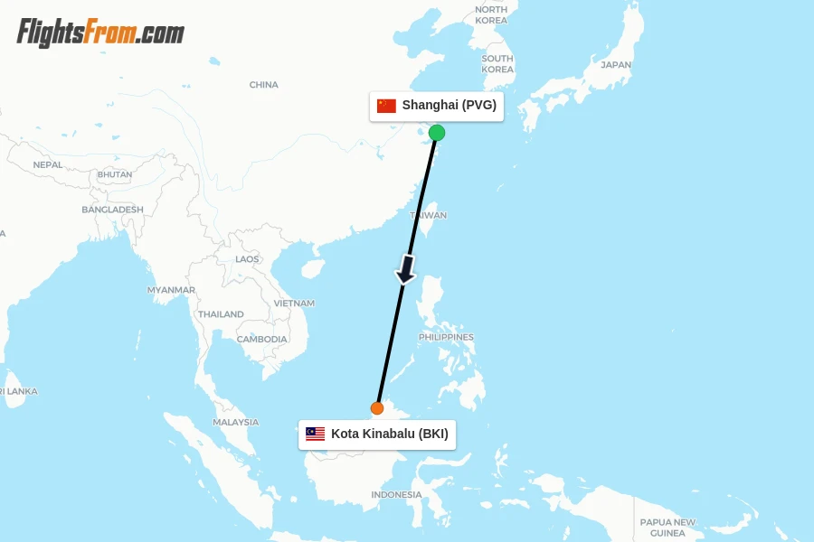 Flights from Shanghai to Kota Kinabalu route map
