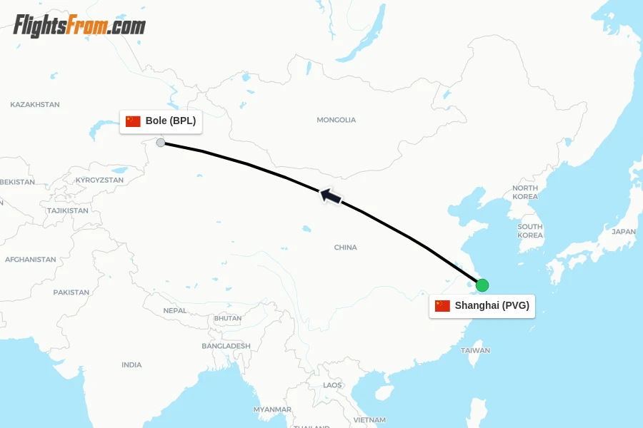 Flights from Shanghai to Bole route map
