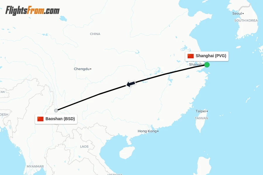 Flights from Shanghai to Baoshan route map