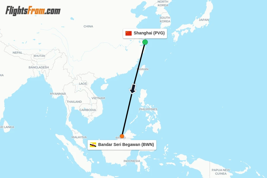Flights from Shanghai to Bandar Seri Begawan route map