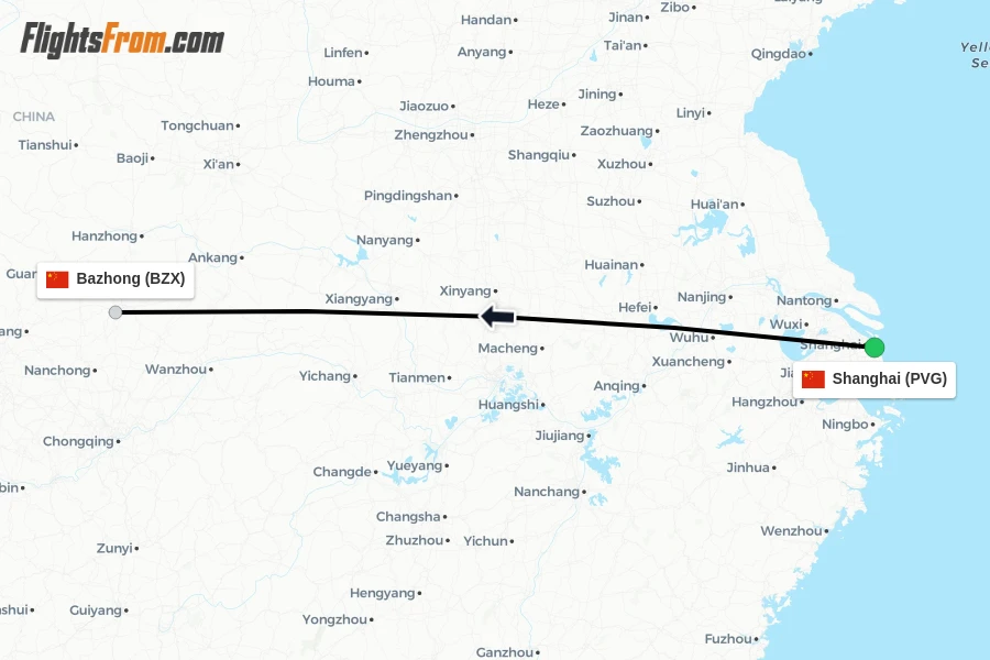 Flights from Shanghai to Bazhong route map