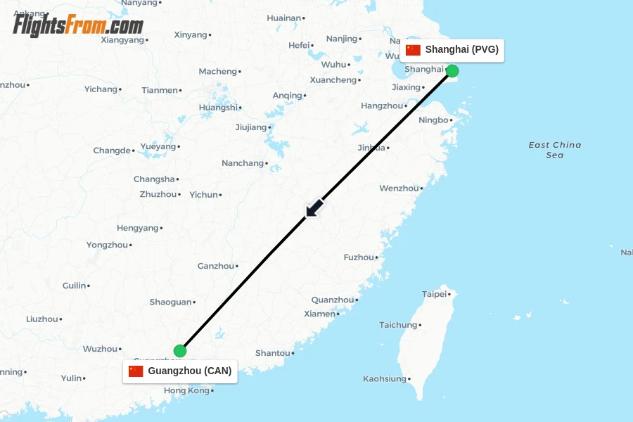 Flights from Shanghai to Guangzhou route map