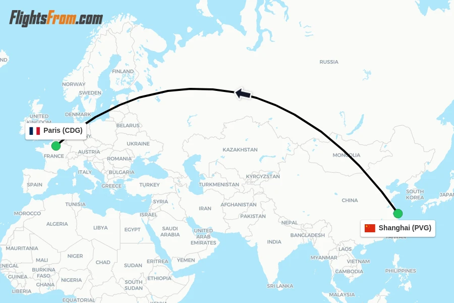 Flights from Shanghai to Paris route map