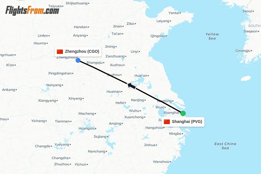 Flights from Shanghai to Zhengzhou route map