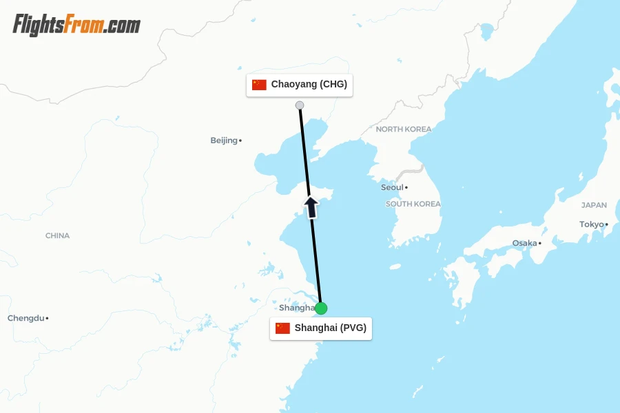 Flights from Shanghai to Chaoyang route map