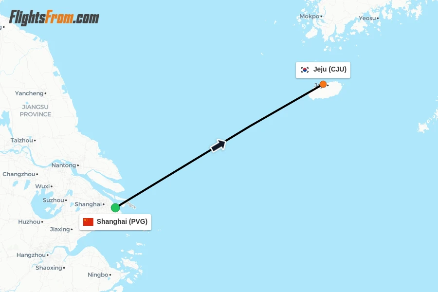 Flights from Shanghai to Jeju route map