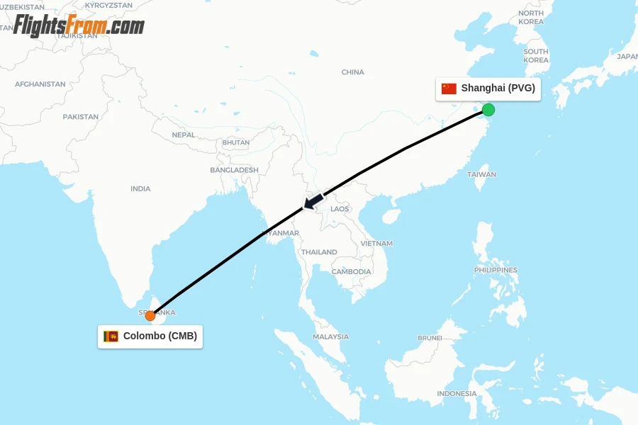 Flights from Shanghai to Colombo route map