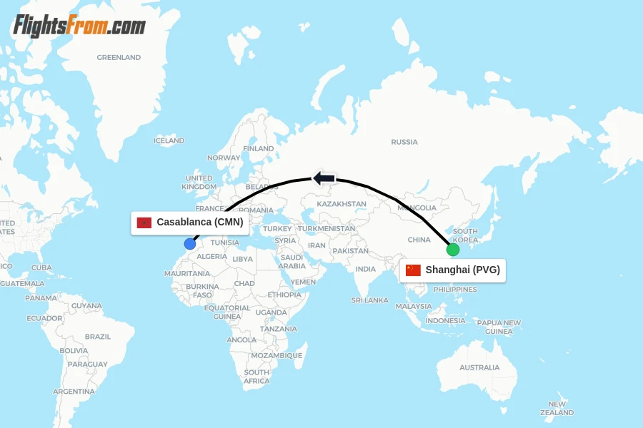 Flights from Shanghai to Casablanca route map