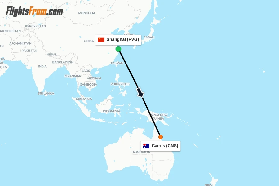 Flights from Shanghai to Cairns route map