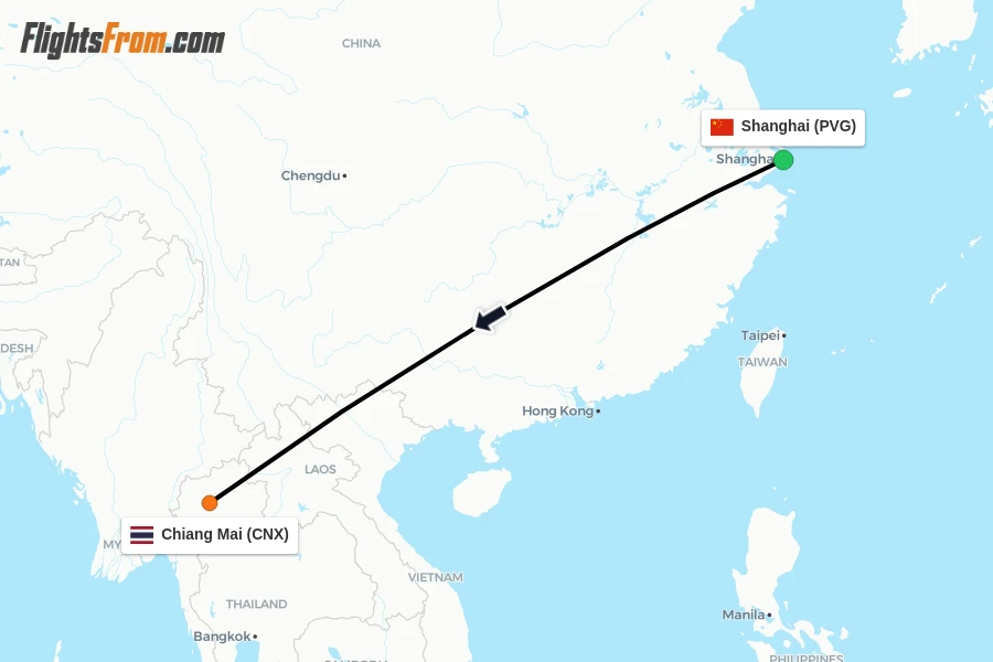Flights from Shanghai to Chiang Mai route map