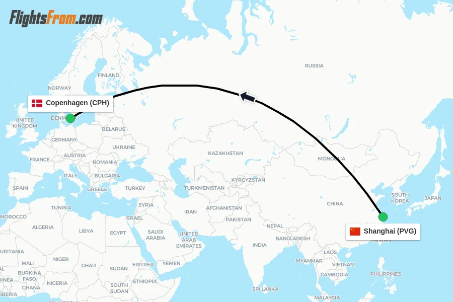 Flights from Shanghai to Copenhagen route map