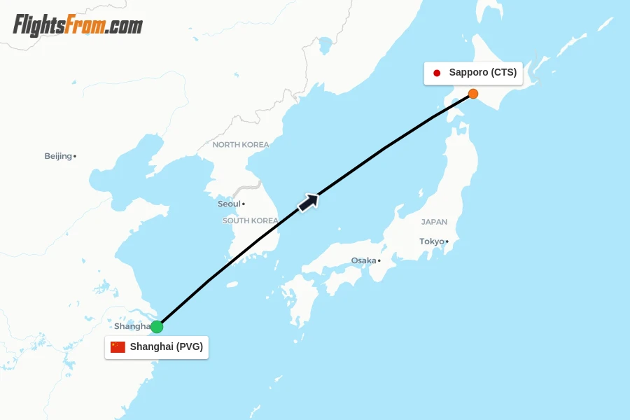 Flights from Shanghai to Sapporo route map
