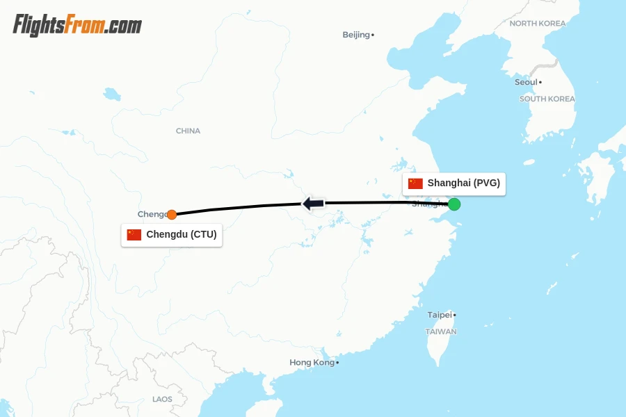 Flights from Shanghai to Chengdu route map