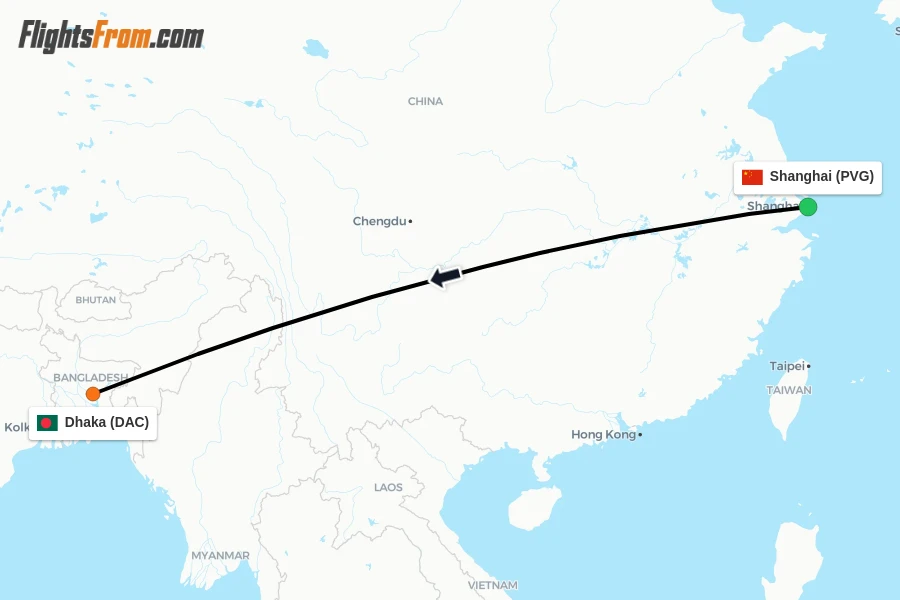 Flights from Shanghai to Dhaka route map